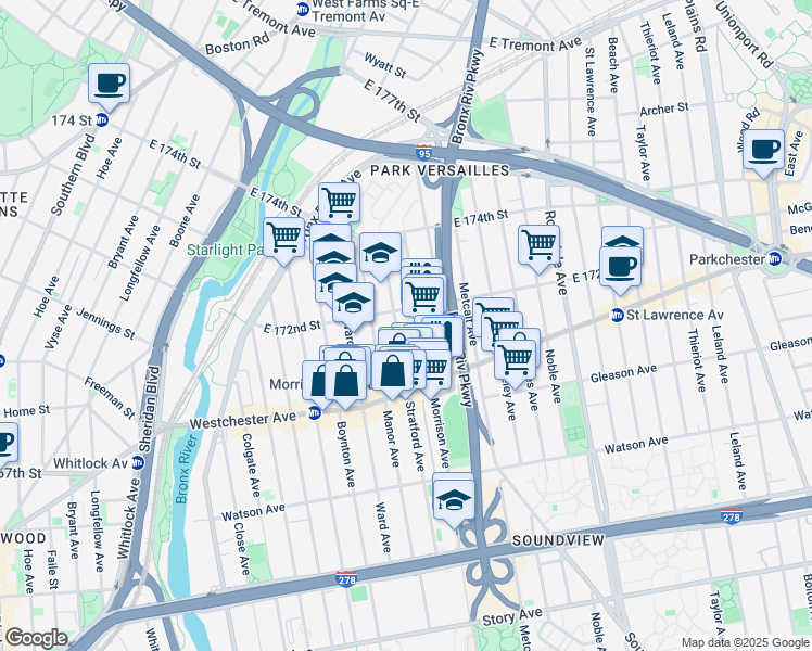 map of restaurants, bars, coffee shops, grocery stores, and more near in The Bronx