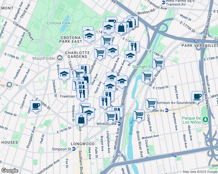 map of restaurants, bars, coffee shops, grocery stores, and more near 1452 Longfellow Avenue in Bronx