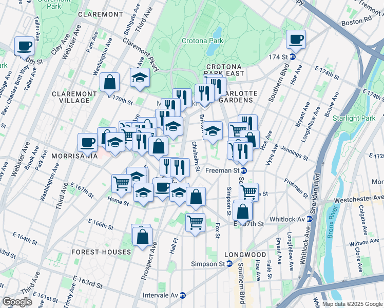 map of restaurants, bars, coffee shops, grocery stores, and more near 1333 Chisholm Street in Bronx