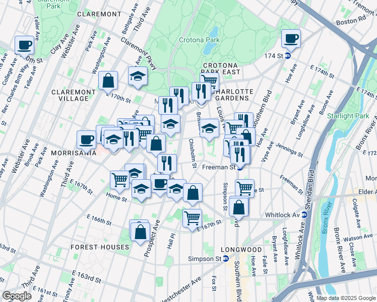 map of restaurants, bars, coffee shops, grocery stores, and more near in The Bronx