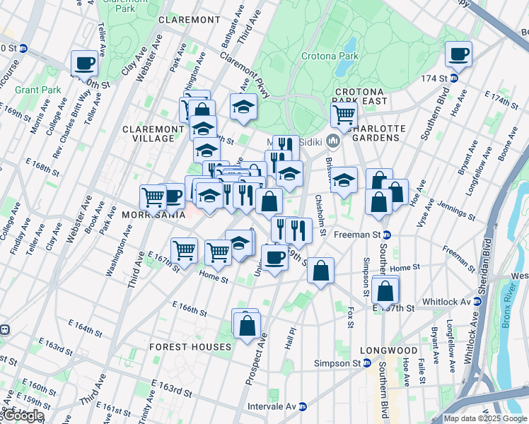 map of restaurants, bars, coffee shops, grocery stores, and more near 1297 Union Avenue in Bronx