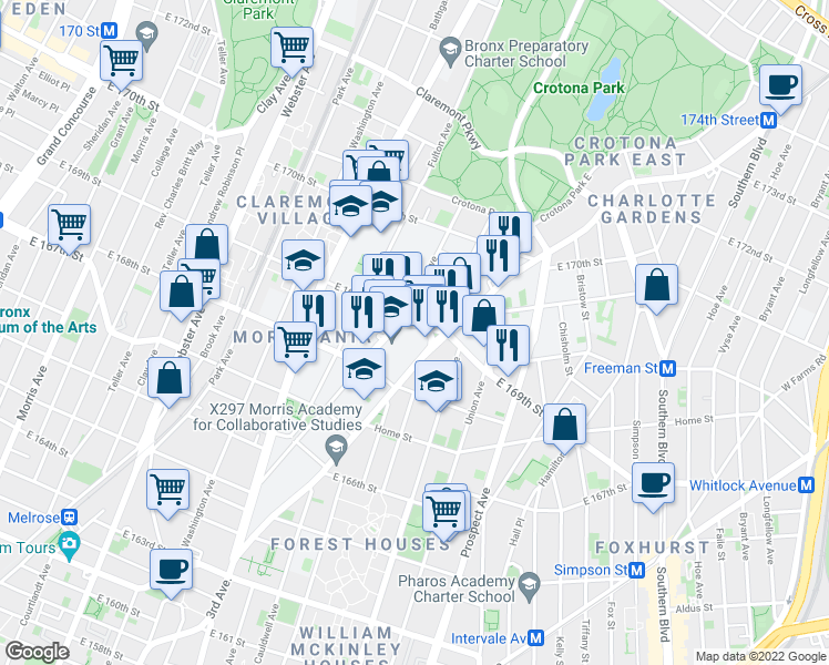 map of restaurants, bars, coffee shops, grocery stores, and more near in Bronx