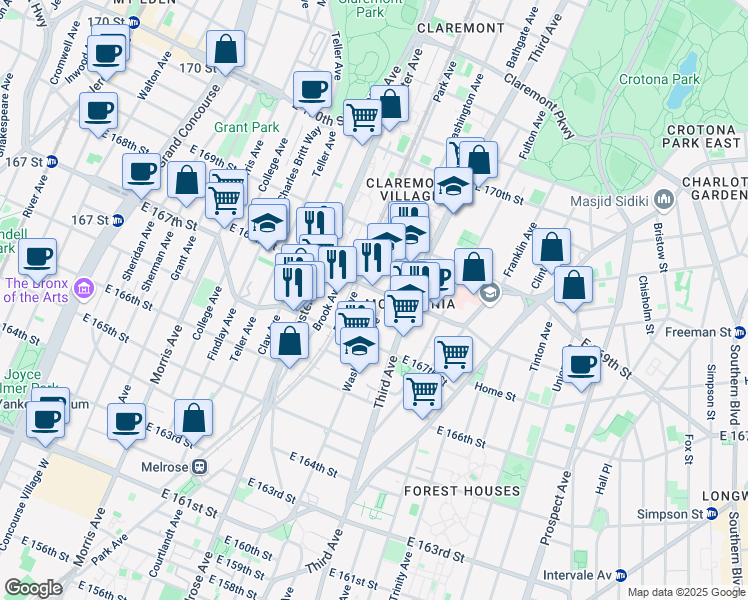 map of restaurants, bars, coffee shops, grocery stores, and more near in The Bronx