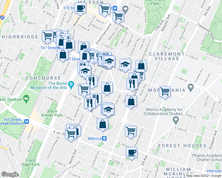 map of restaurants, bars, coffee shops, grocery stores, and more near 1150 College Avenue in Bronx
