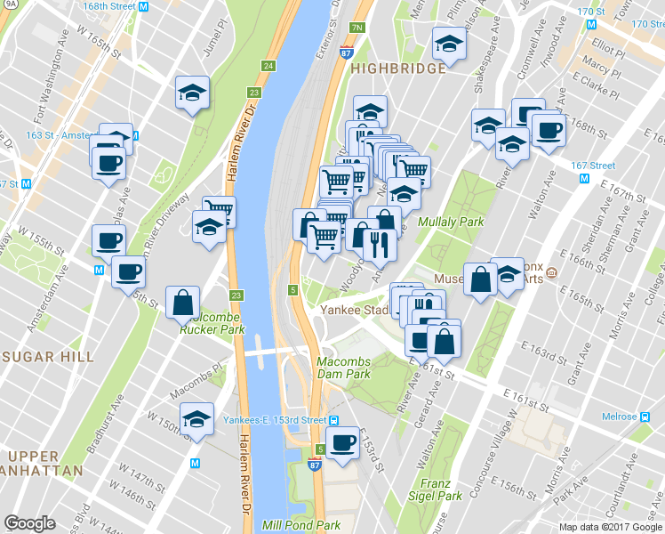 map of restaurants, bars, coffee shops, grocery stores, and more near 943 Ogden Avenue in Bronx