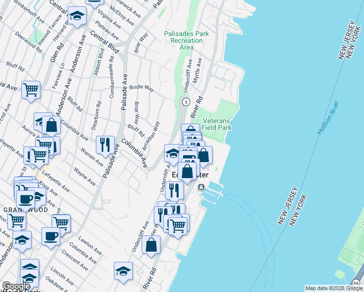 map of restaurants, bars, coffee shops, grocery stores, and more near 550 Undercliff Avenue in Edgewater