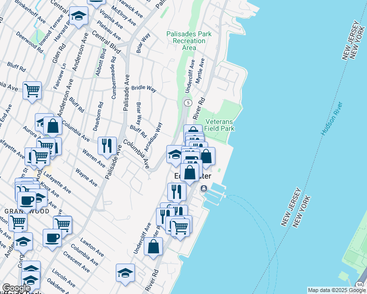 map of restaurants, bars, coffee shops, grocery stores, and more near 550 Undercliff Avenue in Edgewater