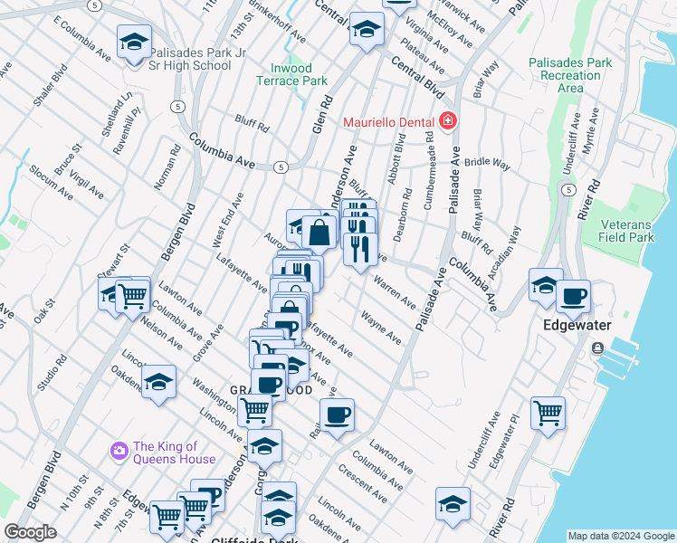 map of restaurants, bars, coffee shops, grocery stores, and more near 784 Anderson Avenue in Cliffside Park