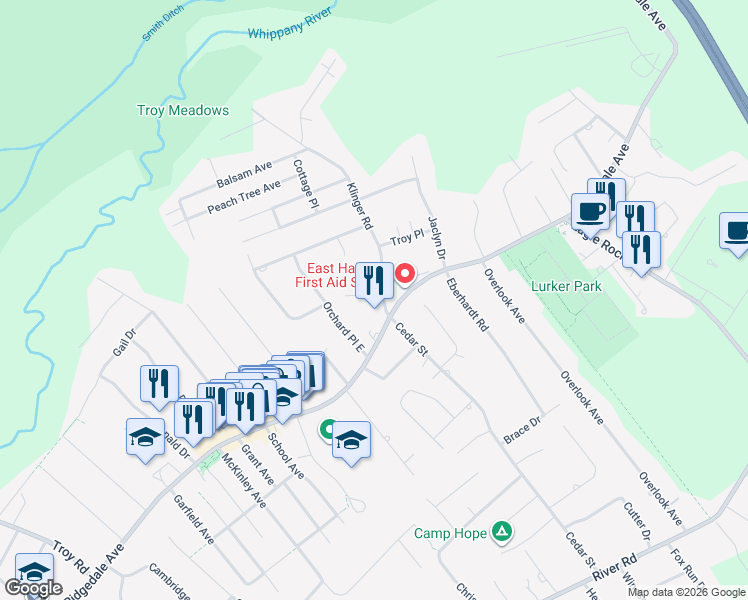 map of restaurants, bars, coffee shops, grocery stores, and more near 2 Wallace Street in East Hanover