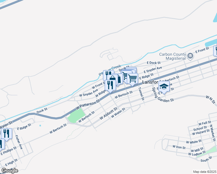 map of restaurants, bars, coffee shops, grocery stores, and more near in Lansford