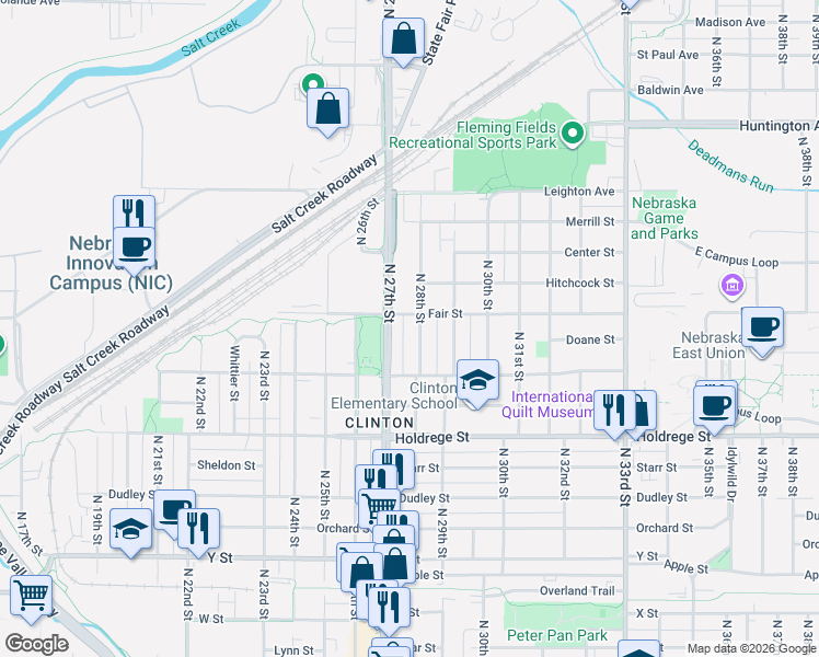 map of restaurants, bars, coffee shops, grocery stores, and more near 1827 North 28th Street in Lincoln