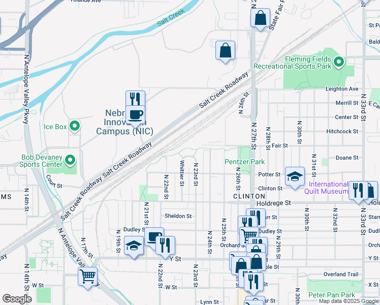 map of restaurants, bars, coffee shops, grocery stores, and more near 1853 Whittier Street in Lincoln