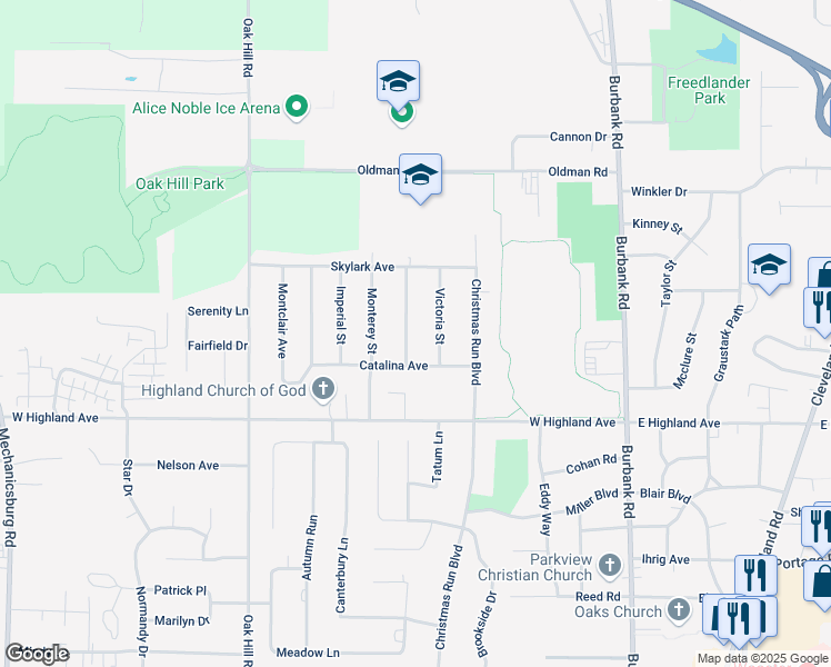 map of restaurants, bars, coffee shops, grocery stores, and more near 2564 Victoria Street in Wooster