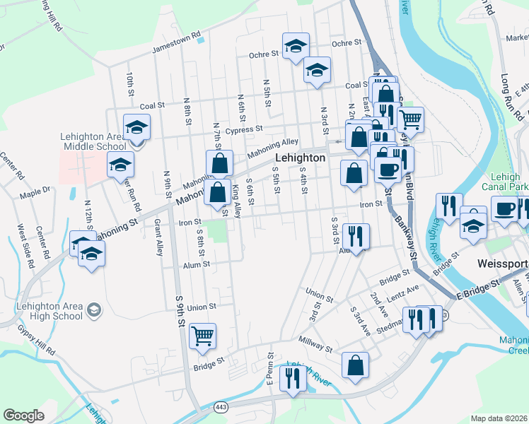map of restaurants, bars, coffee shops, grocery stores, and more near 522 Iron Street in Lehighton