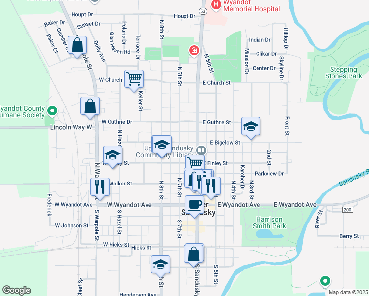 map of restaurants, bars, coffee shops, grocery stores, and more near 334 North 7th Street in Upper Sandusky