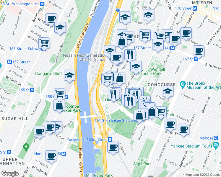map of restaurants, bars, coffee shops, grocery stores, and more near 943 Ogden Avenue in Bronx