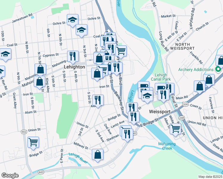 map of restaurants, bars, coffee shops, grocery stores, and more near 216 South 1st Street in Lehighton