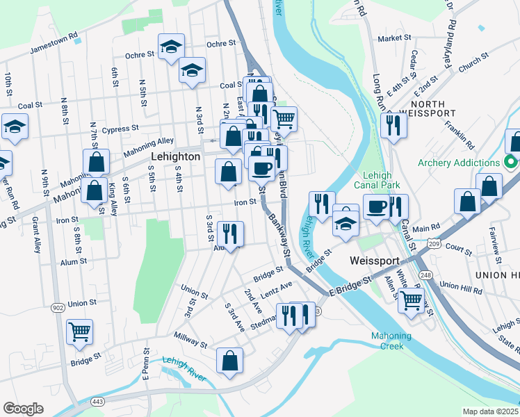 map of restaurants, bars, coffee shops, grocery stores, and more near 216 South 1st Street in Lehighton