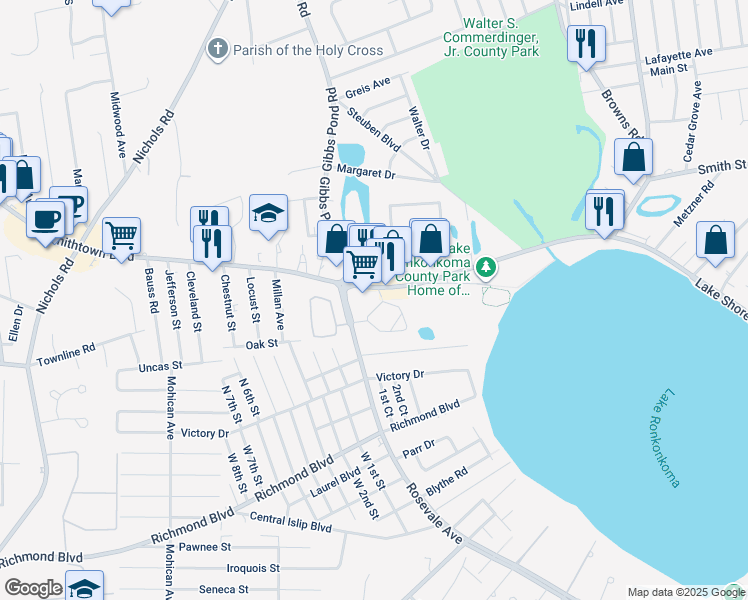 map of restaurants, bars, coffee shops, grocery stores, and more near 5 Mon Repos Lane in Nesconset