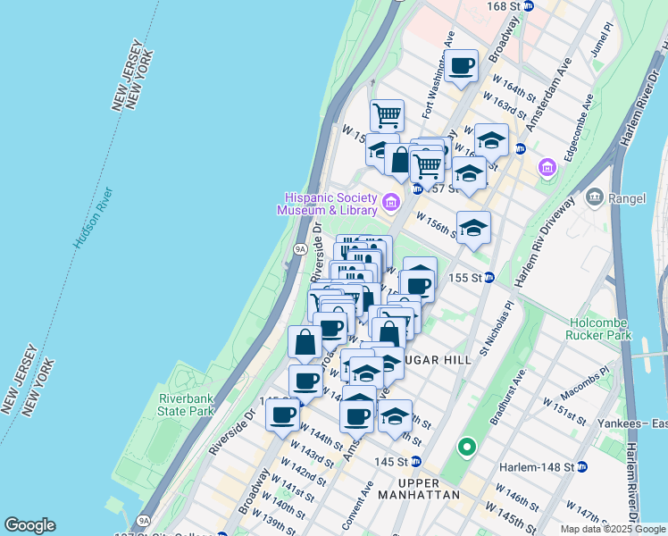 map of restaurants, bars, coffee shops, grocery stores, and more near 625 West 152nd Street in New York
