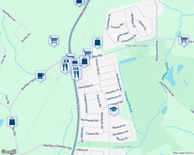 map of restaurants, bars, coffee shops, grocery stores, and more near 174 Clover Hill Drive in Mount Olive
