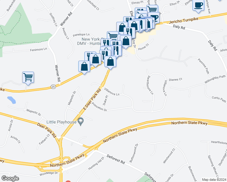 map of restaurants, bars, coffee shops, grocery stores, and more near 11 Villanova Lane in Dix Hills