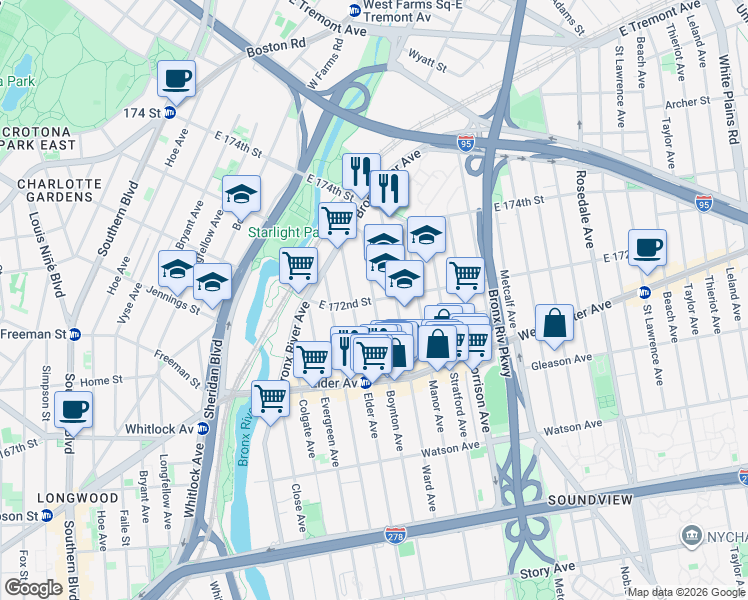 map of restaurants, bars, coffee shops, grocery stores, and more near 1300 Boynton Avenue in Bronx