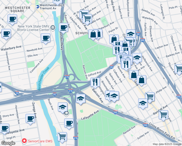 map of restaurants, bars, coffee shops, grocery stores, and more near 2735 Gifford Avenue in Bronx