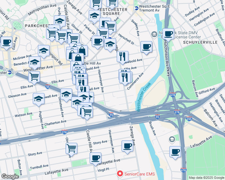 map of restaurants, bars, coffee shops, grocery stores, and more near 2332 Powell Avenue in Bronx