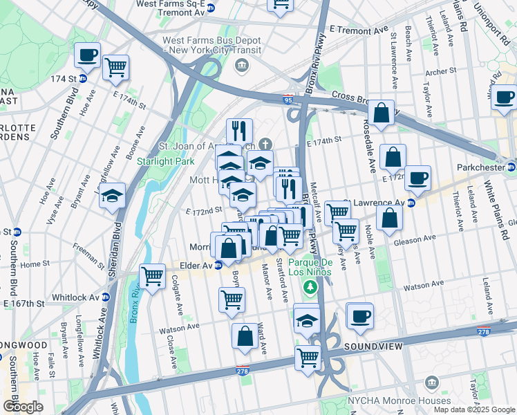 map of restaurants, bars, coffee shops, grocery stores, and more near in The Bronx