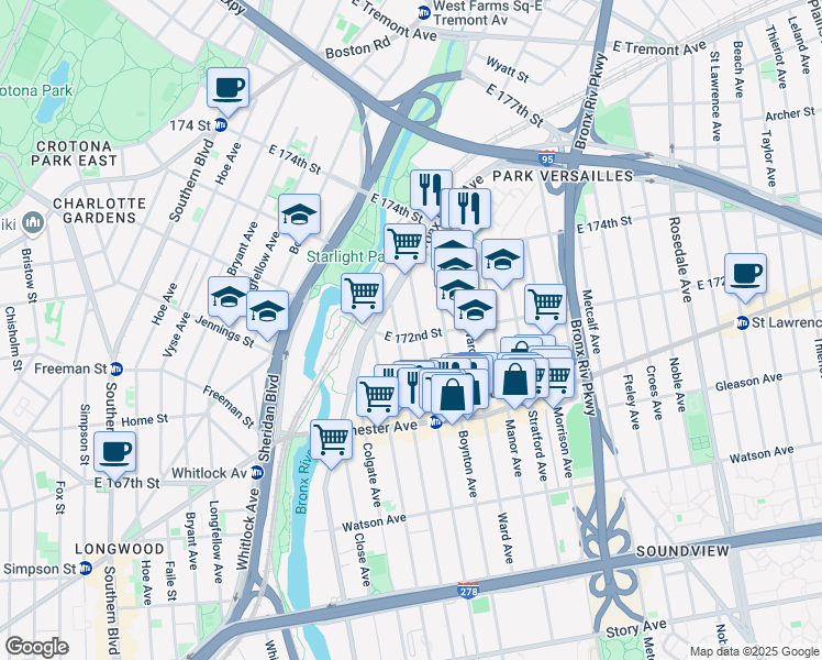 map of restaurants, bars, coffee shops, grocery stores, and more near 1525 East 172nd Street in Bronx