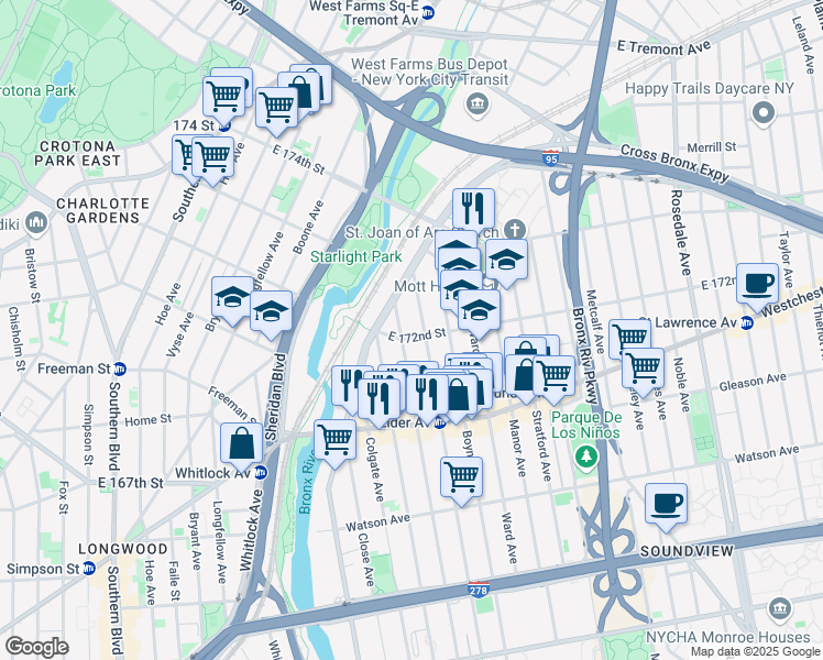 map of restaurants, bars, coffee shops, grocery stores, and more near in Bronx
