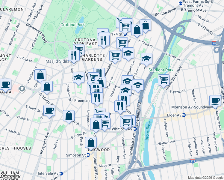 map of restaurants, bars, coffee shops, grocery stores, and more near 1312 Hoe Avenue in Bronx