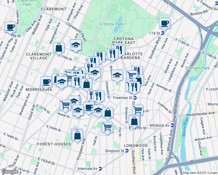 map of restaurants, bars, coffee shops, grocery stores, and more near in The Bronx