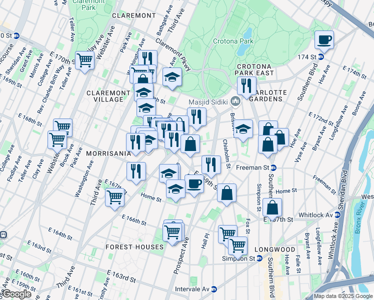 map of restaurants, bars, coffee shops, grocery stores, and more near 1297 Union Avenue in Bronx