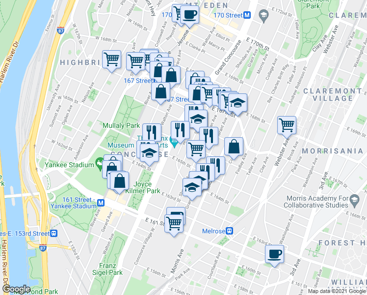map of restaurants, bars, coffee shops, grocery stores, and more near 195 East 166th Street in Bronx