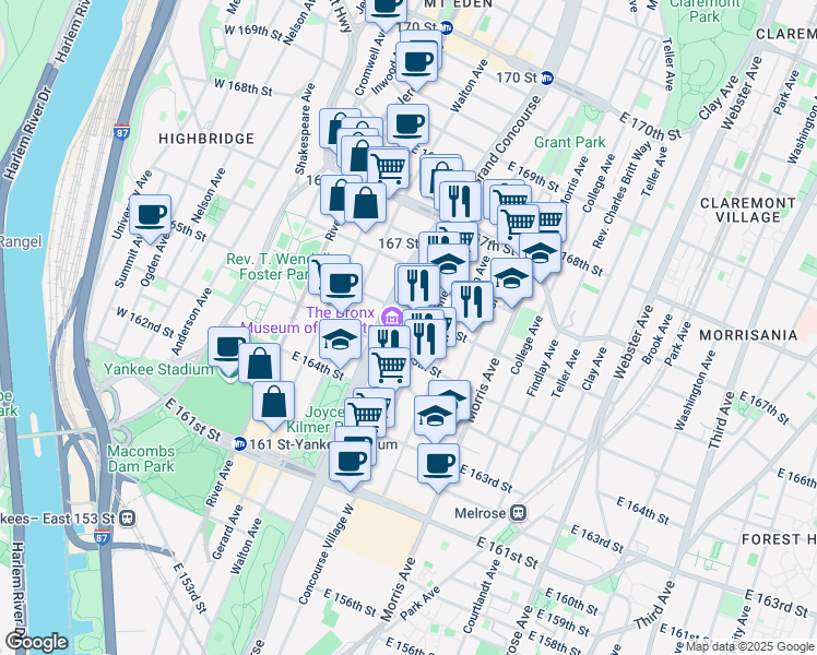 map of restaurants, bars, coffee shops, grocery stores, and more near 195 East 166th Street in Bronx