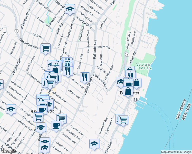 map of restaurants, bars, coffee shops, grocery stores, and more near 1018 New Jersey 5 in Fort Lee