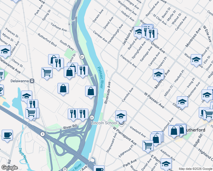 map of restaurants, bars, coffee shops, grocery stores, and more near 278 Riverside Avenue in Rutherford