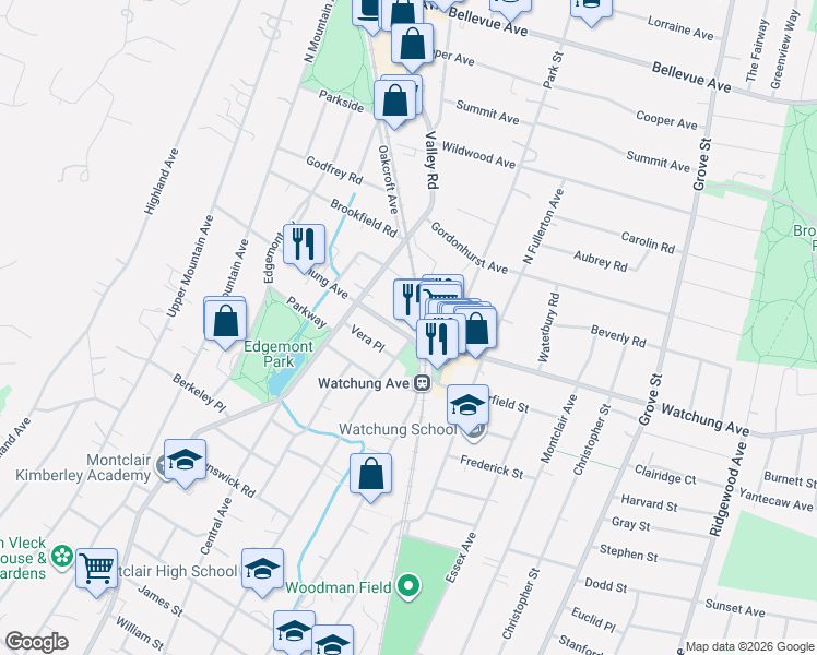 map of restaurants, bars, coffee shops, grocery stores, and more near 88 Watchung Avenue in Montclair