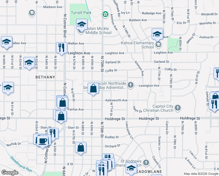 map of restaurants, bars, coffee shops, grocery stores, and more near 1901 North 71st Street in Lincoln