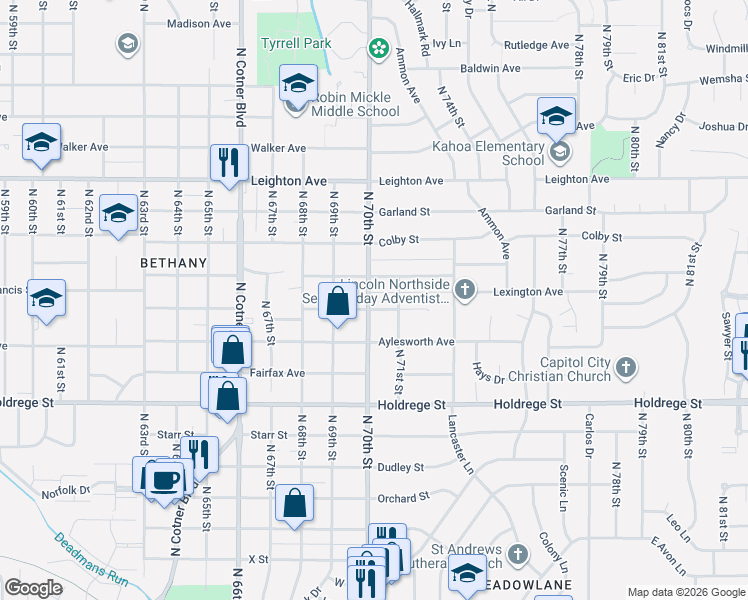 map of restaurants, bars, coffee shops, grocery stores, and more near 1901 North 71st Street in Lincoln