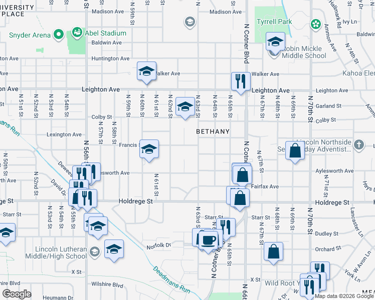 map of restaurants, bars, coffee shops, grocery stores, and more near 6255 Francis Street in Lincoln