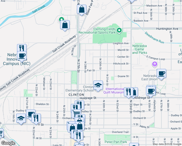 map of restaurants, bars, coffee shops, grocery stores, and more near 1824 North 29th Street in Lincoln