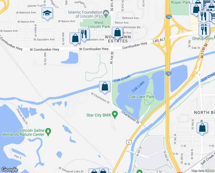 map of restaurants, bars, coffee shops, grocery stores, and more near 1909 North 1st Street in Lincoln