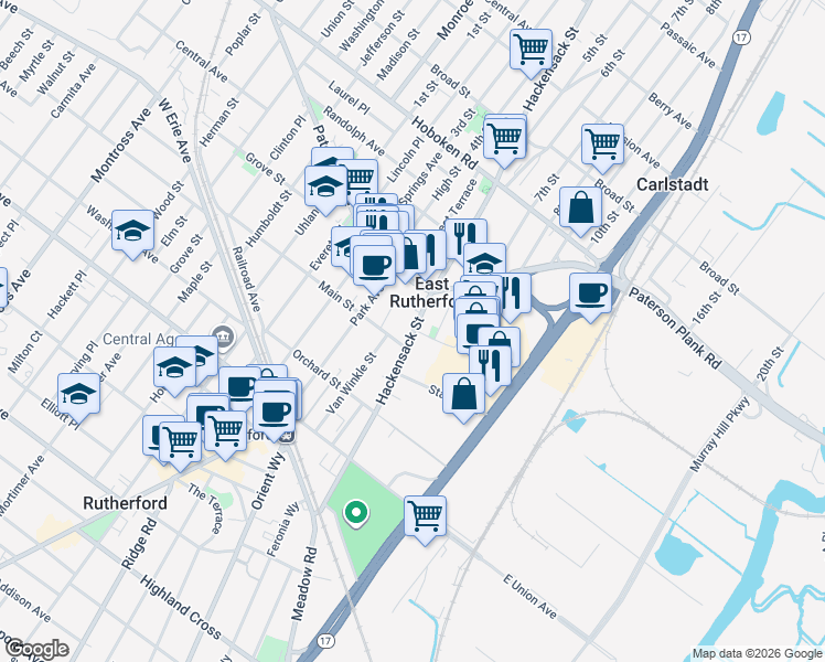map of restaurants, bars, coffee shops, grocery stores, and more near 130 Hackensack Street in East Rutherford