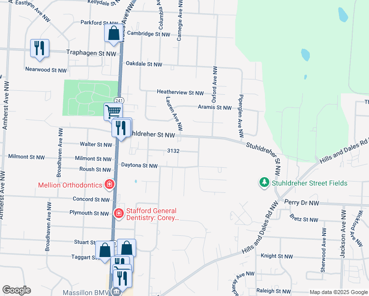 map of restaurants, bars, coffee shops, grocery stores, and more near 7787 Tahiti Street Northwest in Massillon