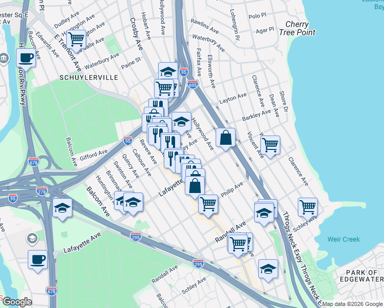 map of restaurants, bars, coffee shops, grocery stores, and more near 927 Logan Avenue in The Bronx