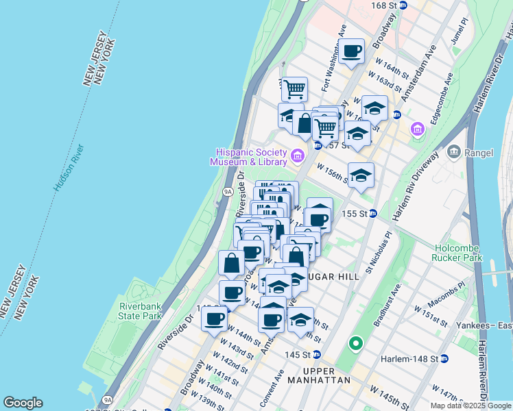 map of restaurants, bars, coffee shops, grocery stores, and more near 625 West 152nd Street in New York