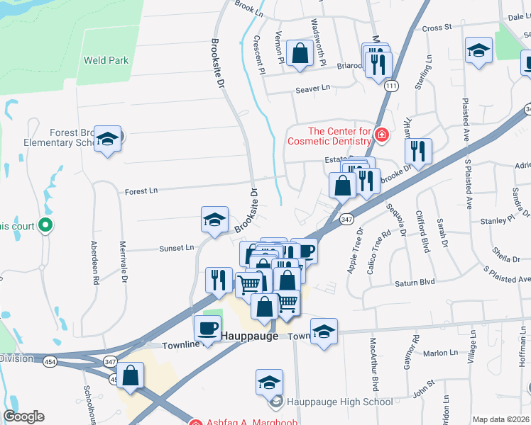 map of restaurants, bars, coffee shops, grocery stores, and more near 4 Privet Court in Smithtown